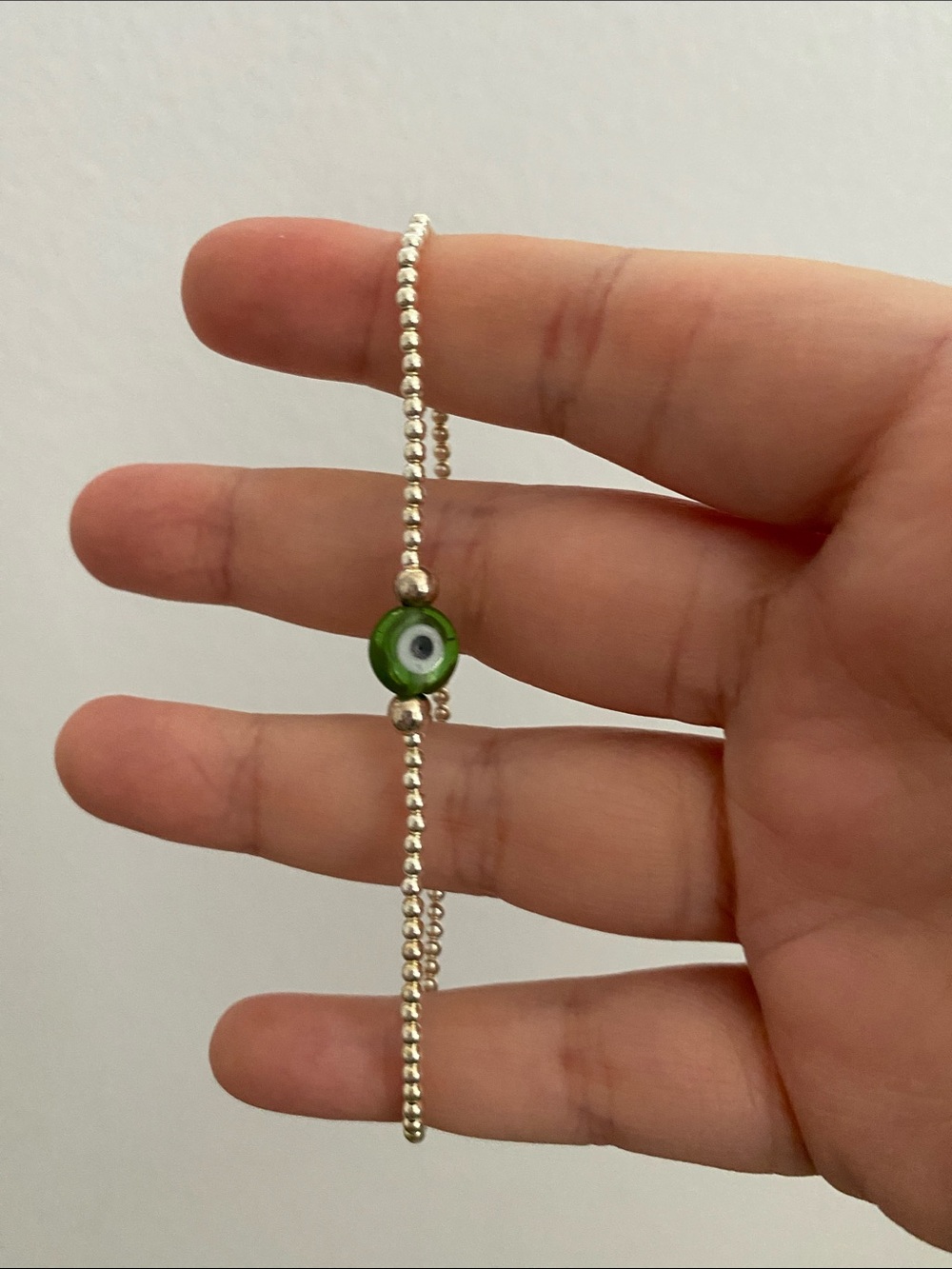 925 Silver Bead Bracelet with Green Evil Eye Charm